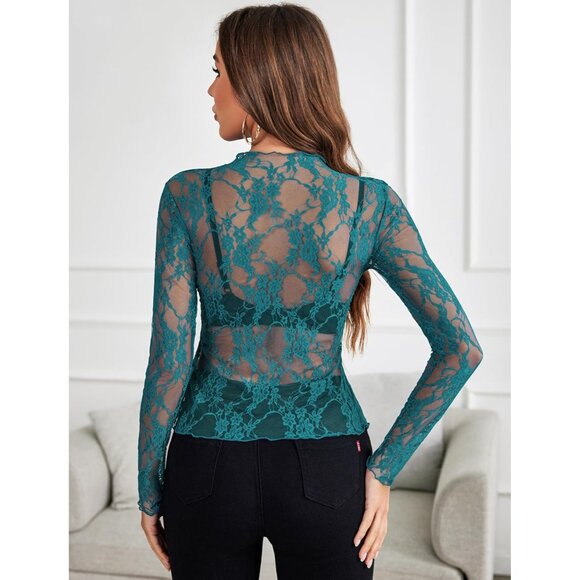 🆕Women’s Dark Blue Mesh Long Sleeve Mock Neck Sheer Floral Lace Top Blouse - Picture 7 of 7